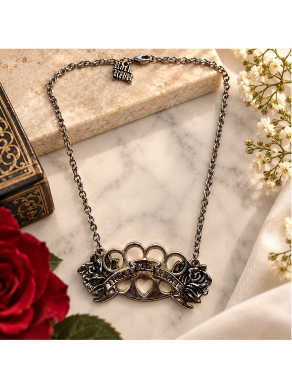 Rock Rebel Silver Knuckle Duster Rose Heart Necklace